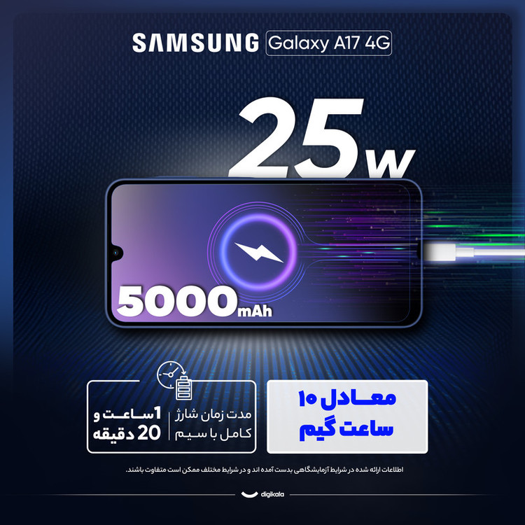 گوشی موبایل سامسونگ مدل Galaxy A17 4G دو سیم کارت ظرفیت 128 گیگابایت و رم 6 گیگابایت - ویتنام - به همراه شارژر 25 وات سامسونگ، 2 عدد قاب و 1 عدد محافظ صفحه نمایش